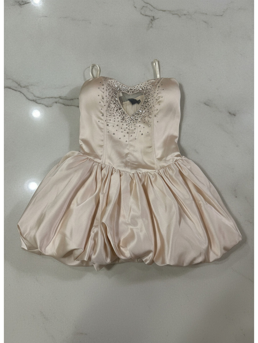 Women's Satin Embellished Mini Dress with Heart Cutout and Bubble Skirt